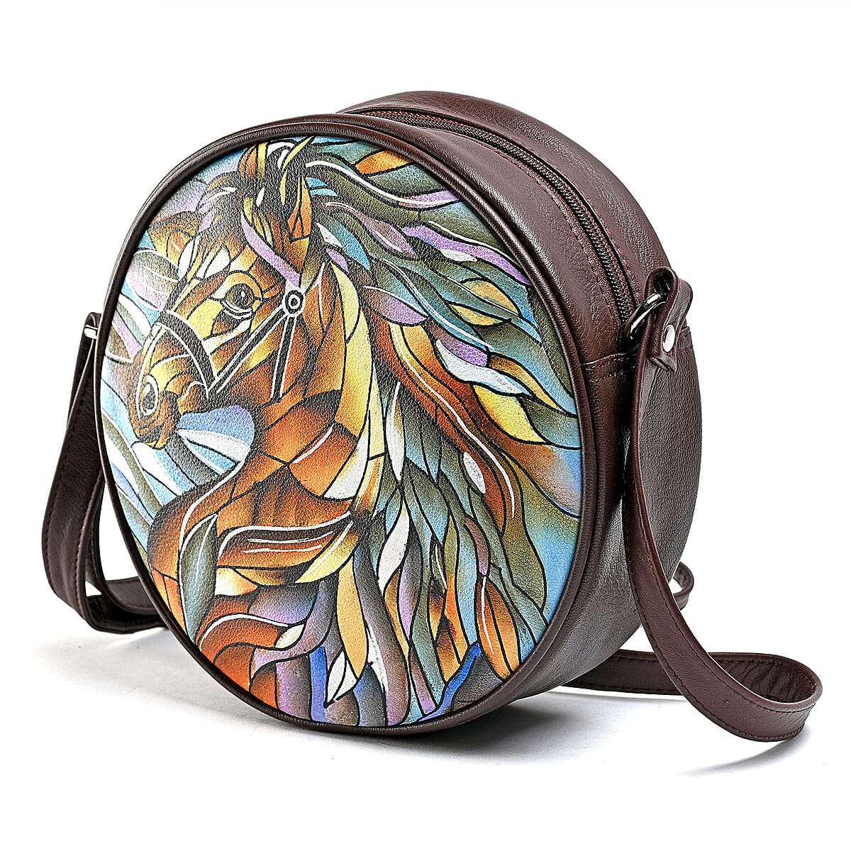 LA Marey Dark Tan Genuine Leather Handpainted Round Handbag with Detachable Shoulder Strap image number 6