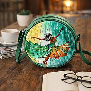 LA Marey Mint Green Genuine Leather Handpainted Round Handbag with Detachable Shoulder Strap