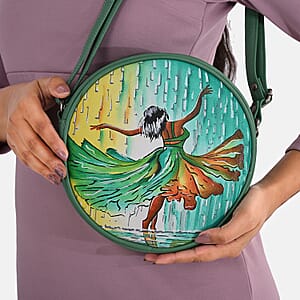 LA Marey Mint Green Genuine Leather Handpainted Round Handbag with Detachable Shoulder Strap