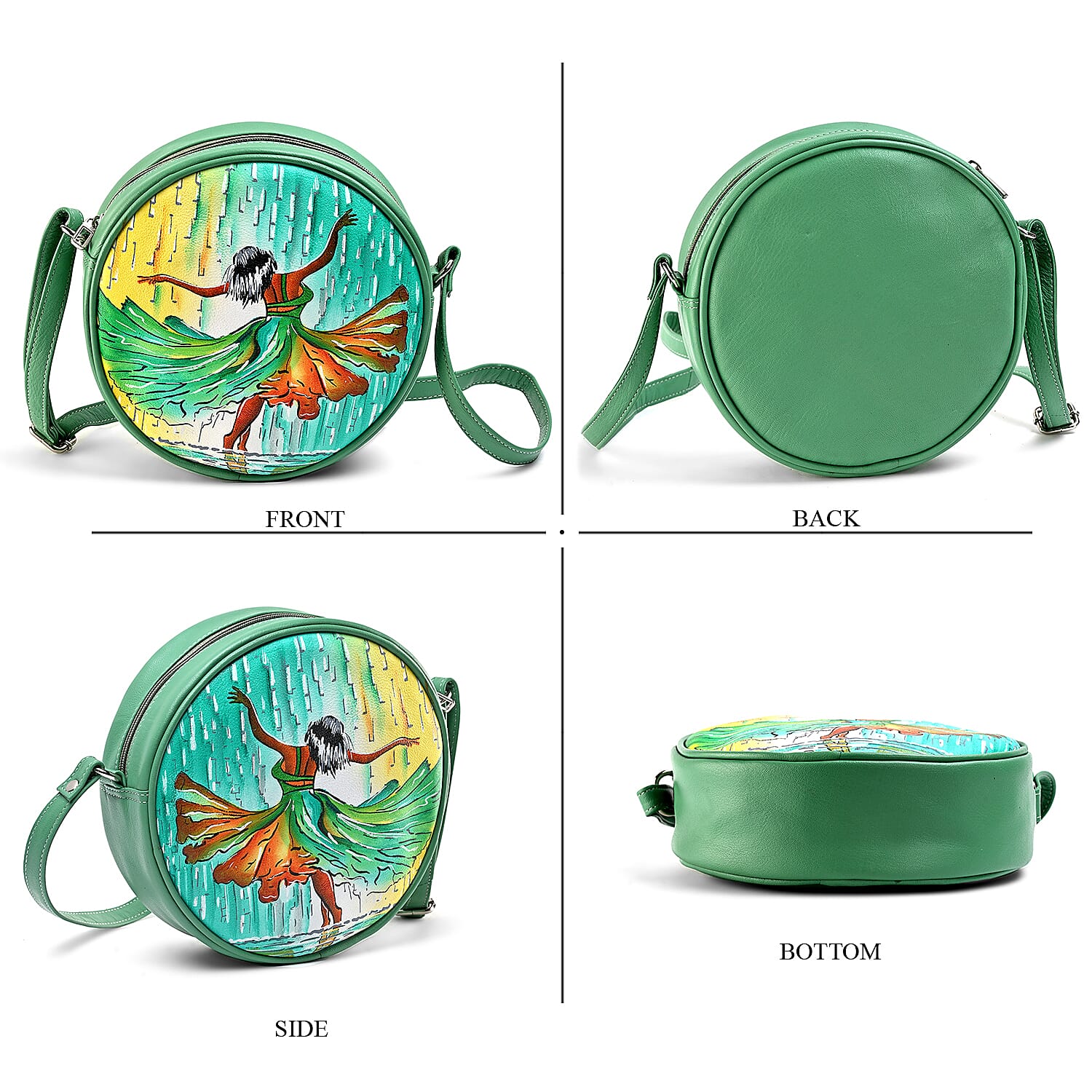 LA Marey Mint Green Genuine Leather Handpainted Round Handbag with Detachable Shoulder Strap