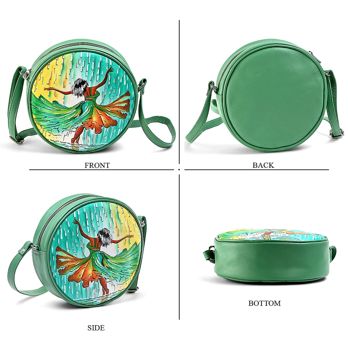 LA Marey Mint Green Genuine Leather Handpainted Round Handbag with Detachable Shoulder Strap image number 4