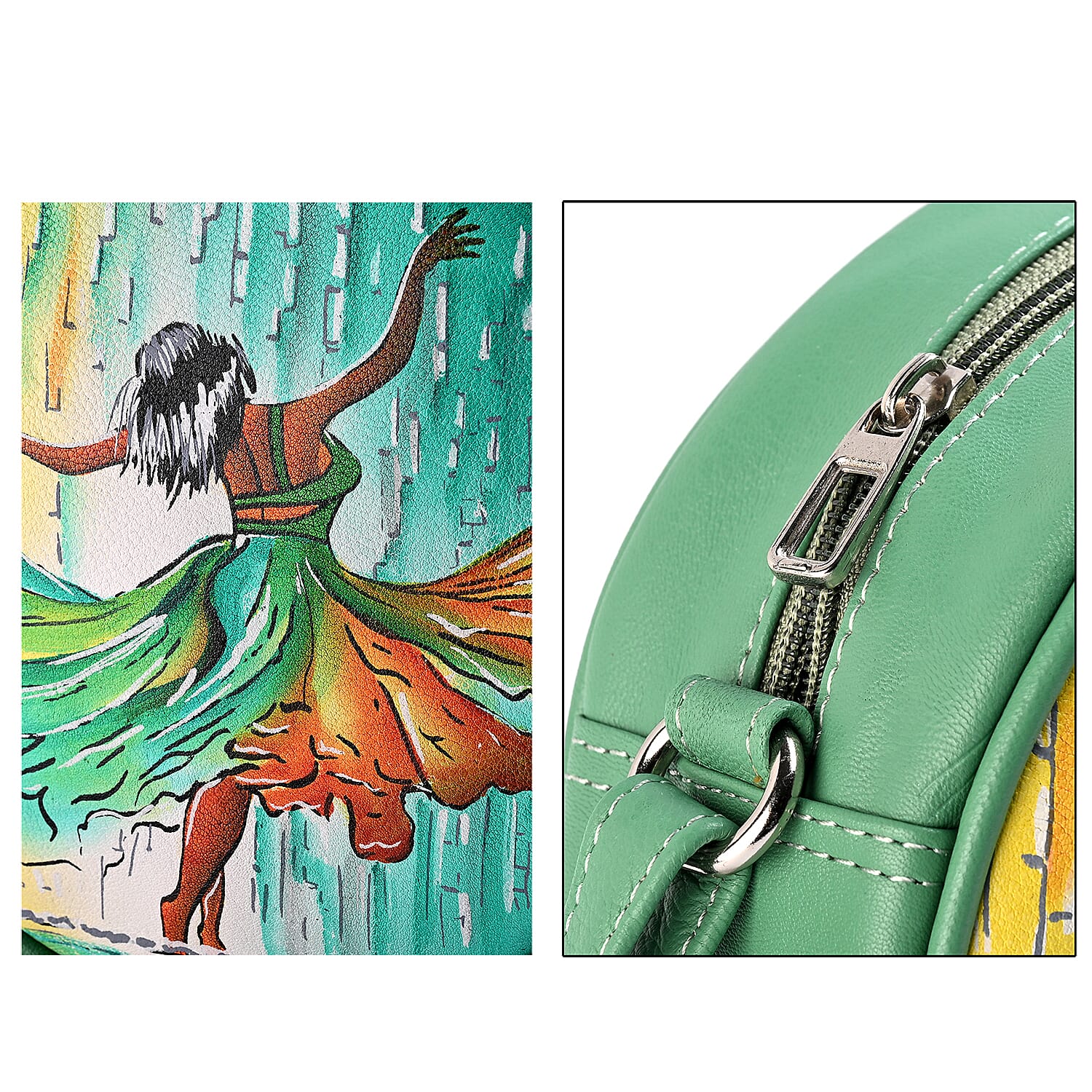 LA Marey Mint Green Genuine Leather Handpainted Round Handbag with Detachable Shoulder Strap