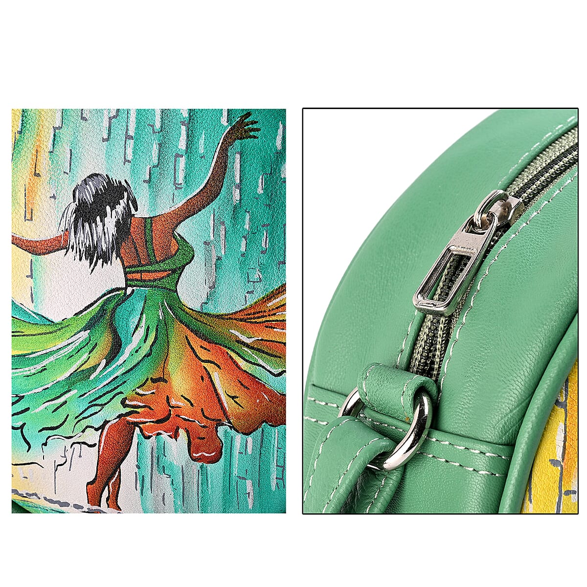 LA Marey Mint Green Genuine Leather Handpainted Round Handbag with Detachable Shoulder Strap image number 5