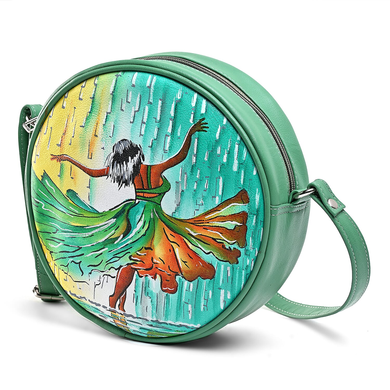 LA Marey Mint Green Genuine Leather Handpainted Round Handbag with Detachable Shoulder Strap