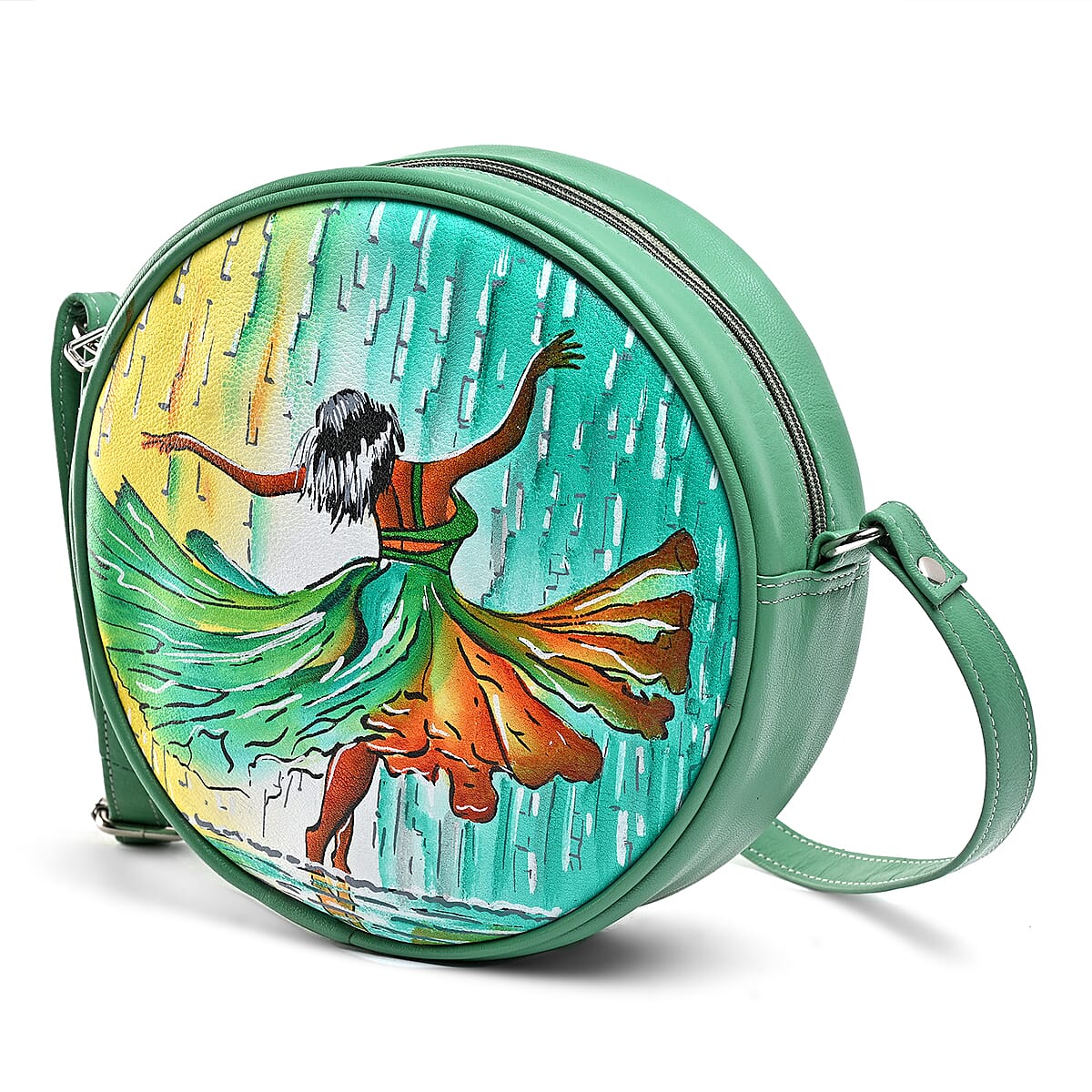 LA Marey Mint Green Genuine Leather Handpainted Round Handbag with Detachable Shoulder Strap image number 6