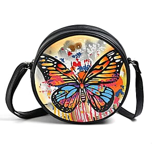 LA Marey Gray Genuine Leather Handpainted Round Handbag with Detachable Shoulder Strap