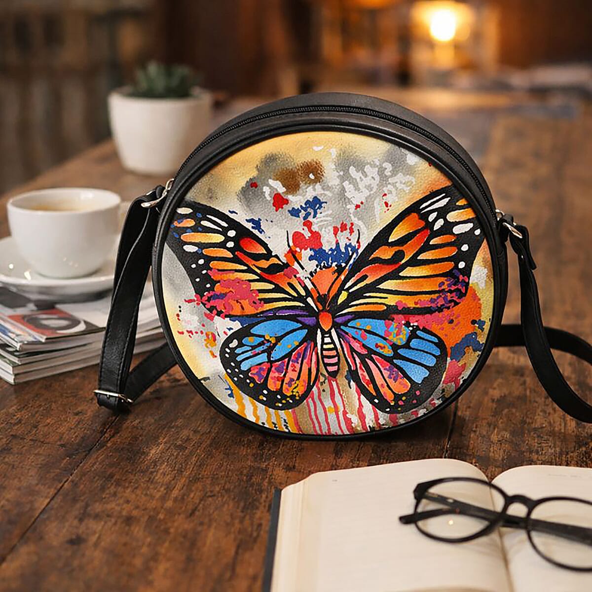 LA Marey Gray Genuine Leather Handpainted Round Handbag with Detachable Shoulder Strap image number 1