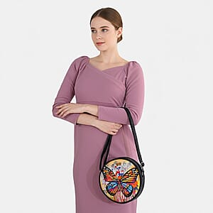 LA Marey Gray Genuine Leather Handpainted Round Handbag with Detachable Shoulder Strap
