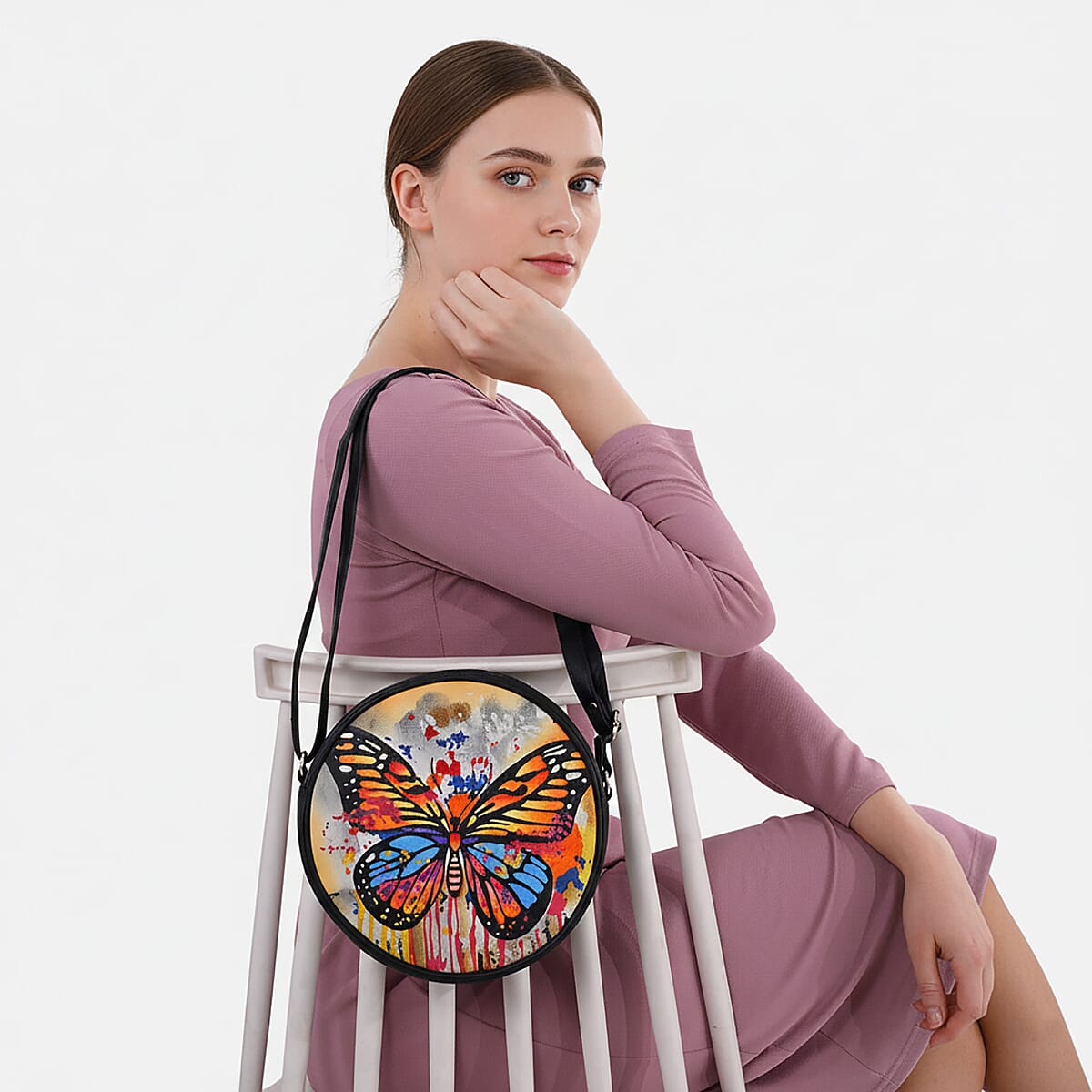 LA Marey Gray Genuine Leather Handpainted Round Handbag with Detachable Shoulder Strap image number 3