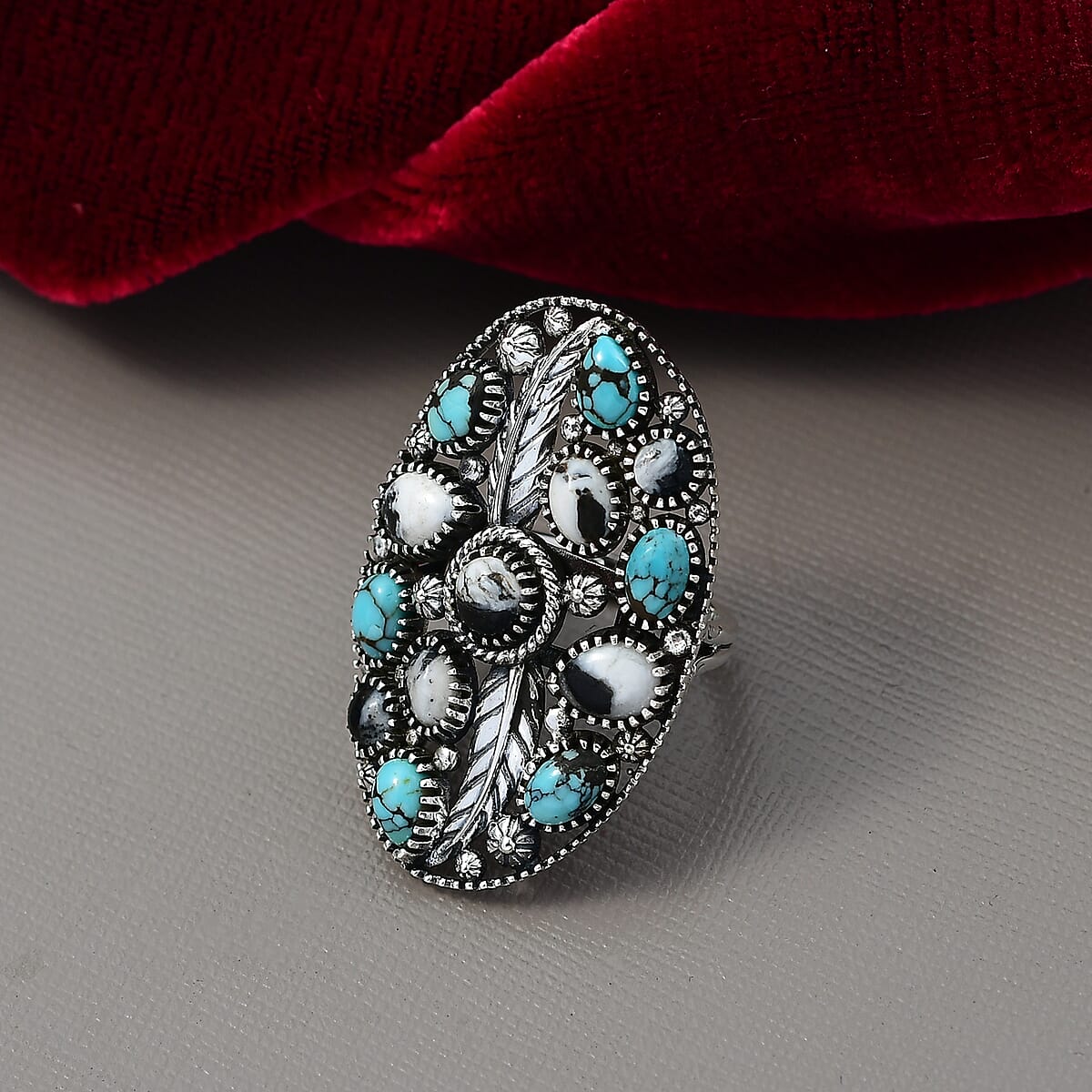 D'Joy Artisan Crafted White Buffalo and Blue Moon Turquoise 6.60 ctw Ring in Sterling Silver (Size 6.0) image number 1