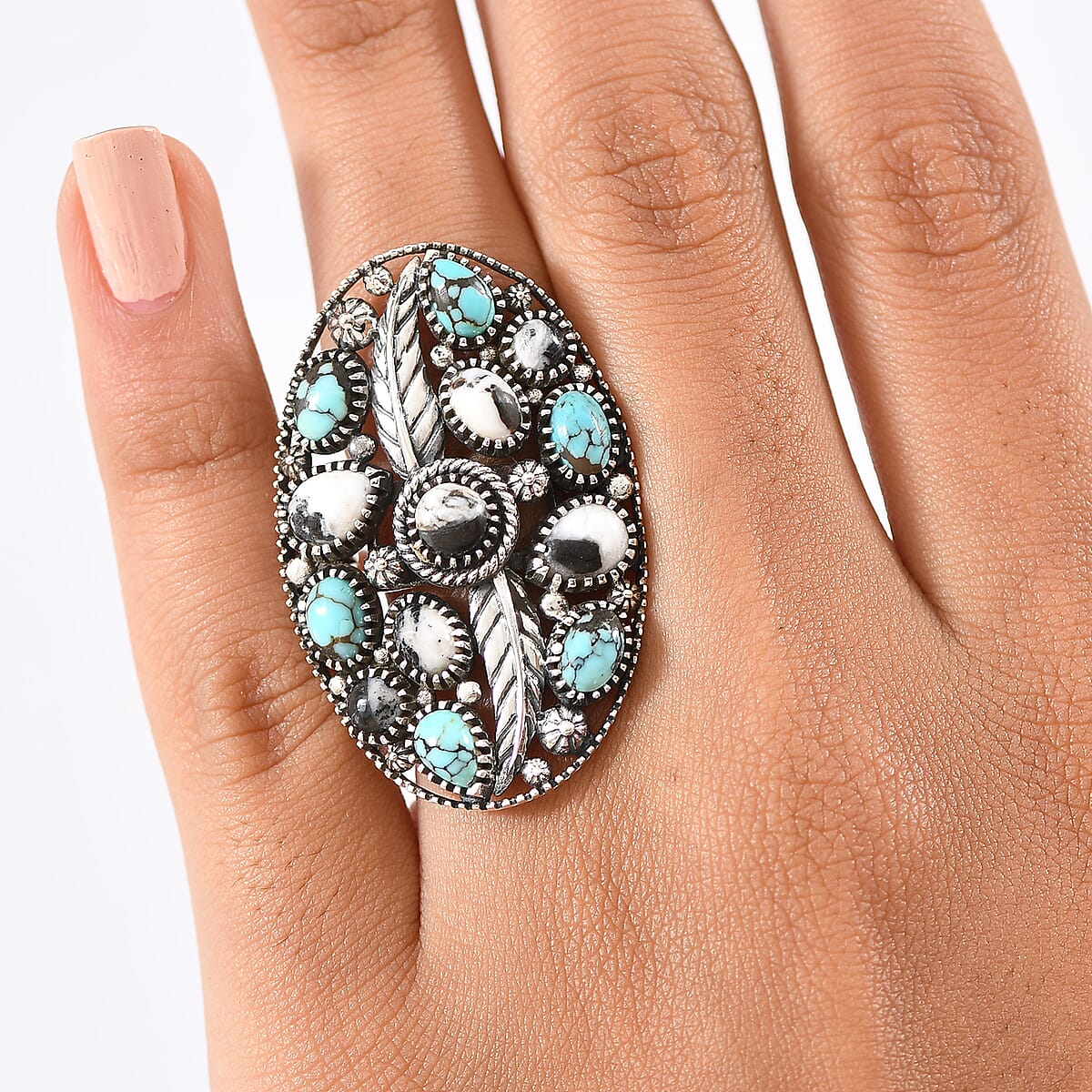 D'Joy Artisan Crafted White Buffalo and Blue Moon Turquoise 6.60 ctw Ring in Sterling Silver (Size 7.0) image number 2