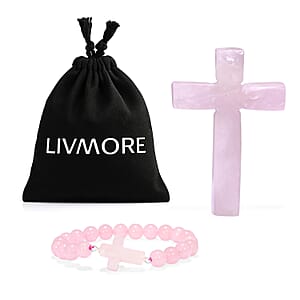 Livmore Rose Quartz Beaded Stretch Bracelet with Cross Charm (3In) 230ctw