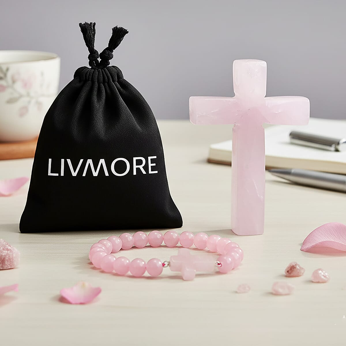 Livmore Rose Quartz Beaded Stretch Bracelet with Cross Charm (3In) 230ctw image number 1