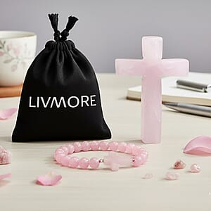 Livmore Rose Quartz Beaded Stretch Bracelet with Cross Charm (3In) 230ctw