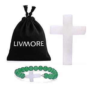 Livmore Green Aventurine Beaded Stretch Bracelet with Cross Charm (3In) 230ctw