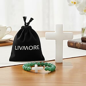 Livmore Green Aventurine Beaded Stretch Bracelet with Cross Charm (3In) 230ctw