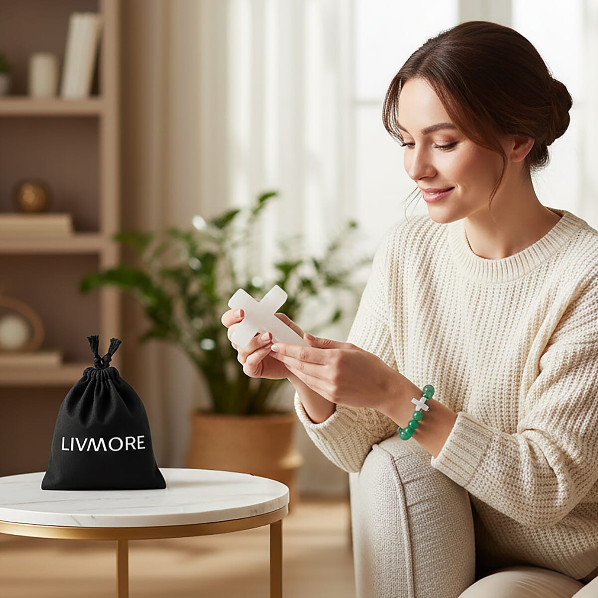 Livmore Green Aventurine Beaded Stretch Bracelet with Cross Charm (3In) 230ctw image number 2