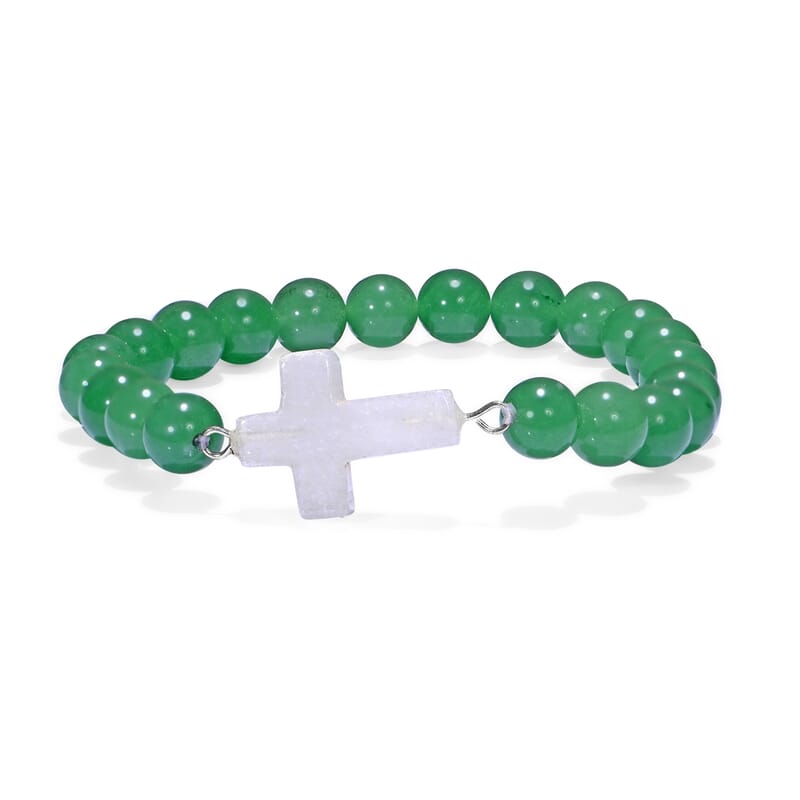 Livmore Green Aventurine Beaded Stretch Bracelet with Cross Charm (3In) 230ctw