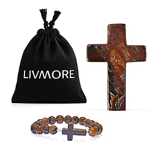 Livmore Tigers Eye Beaded Stretch Bracelet with Cross Charm (3In) 230ctw