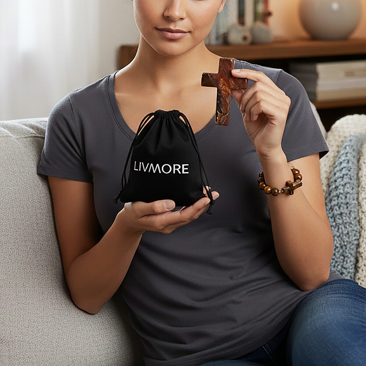 Livmore Tigers Eye Beaded Stretch Bracelet with Cross Charm (3In) 230ctw image number 2