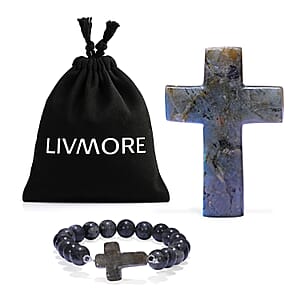Livmore Labradorite Beaded Stretch Bracelet with Cross Charm (3In) 230ctw