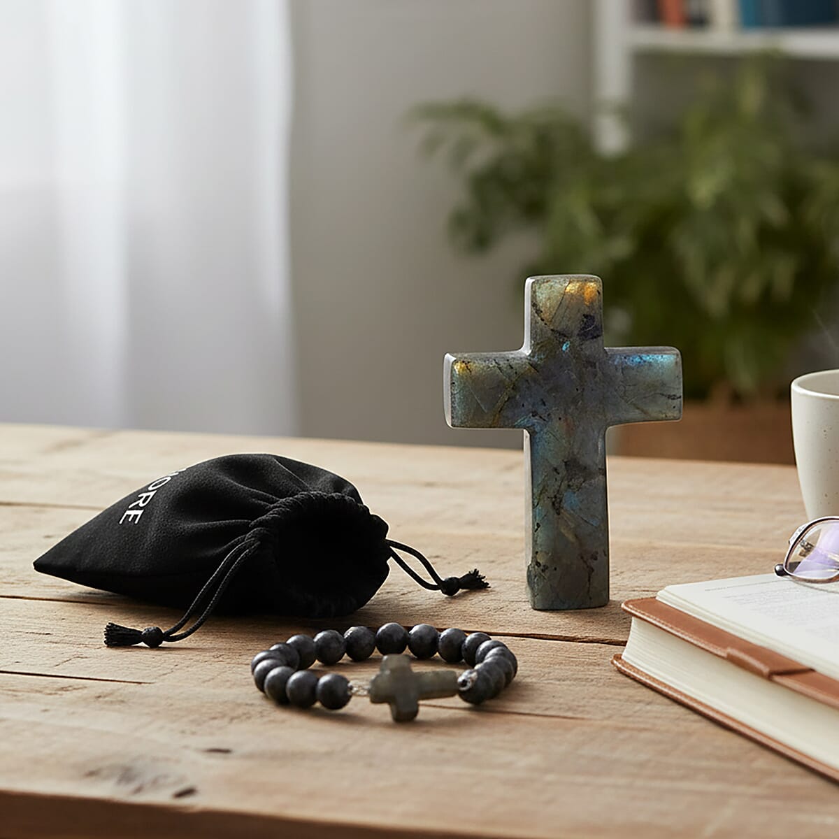 Livmore Labradorite Beaded Stretch Bracelet with Cross Charm (3In) 230ctw image number 1