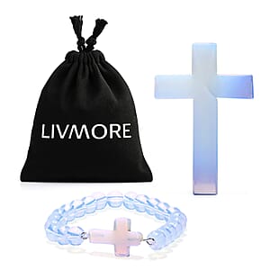 Livmore Opalite Beaded Stretch Bracelet with Cross Charm (3In) 230ctw