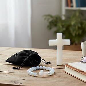 Livmore Opalite Beaded Stretch Bracelet with Cross Charm (3In) 230ctw