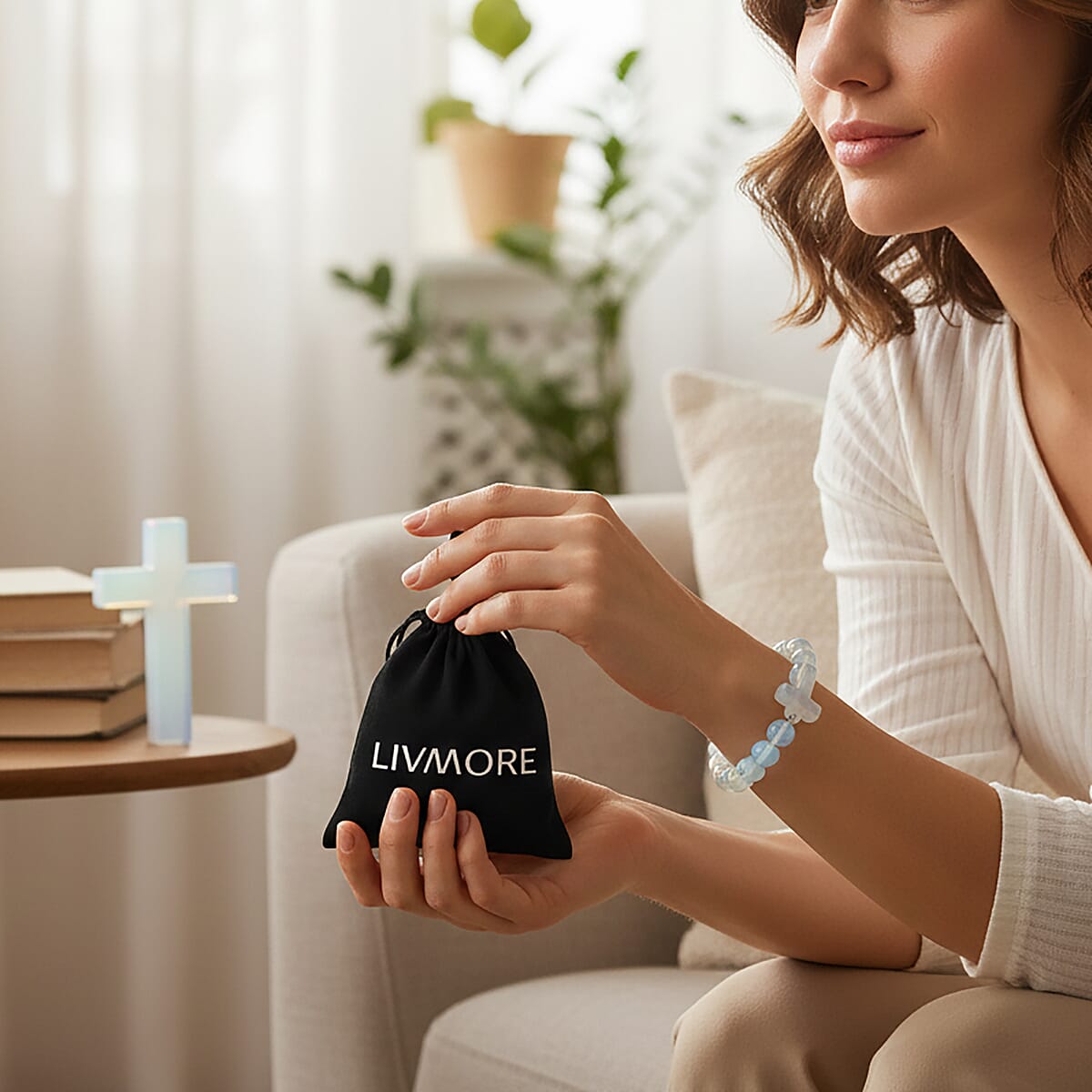 Livmore Opalite Beaded Stretch Bracelet with Cross Charm (3In) 230ctw image number 2