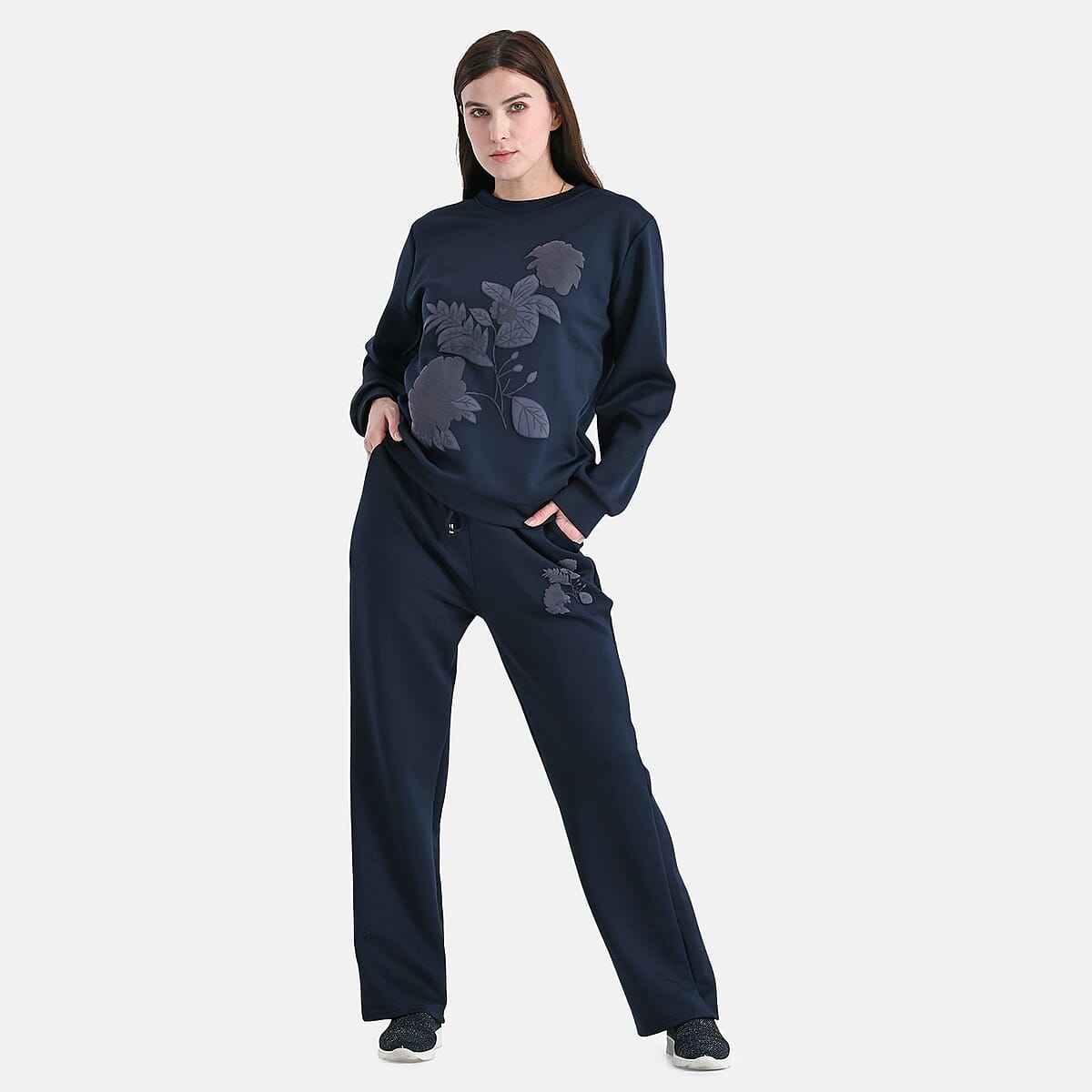 TAMSY Navy Floral Embossed Scuba Knit Pant and Long Sleeve Pullover Set – S/M image number 0