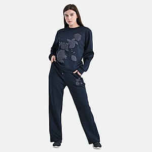 TAMSY Navy Floral Embossed Scuba Knit Pant and Long Sleeve Pullover Set – S/M