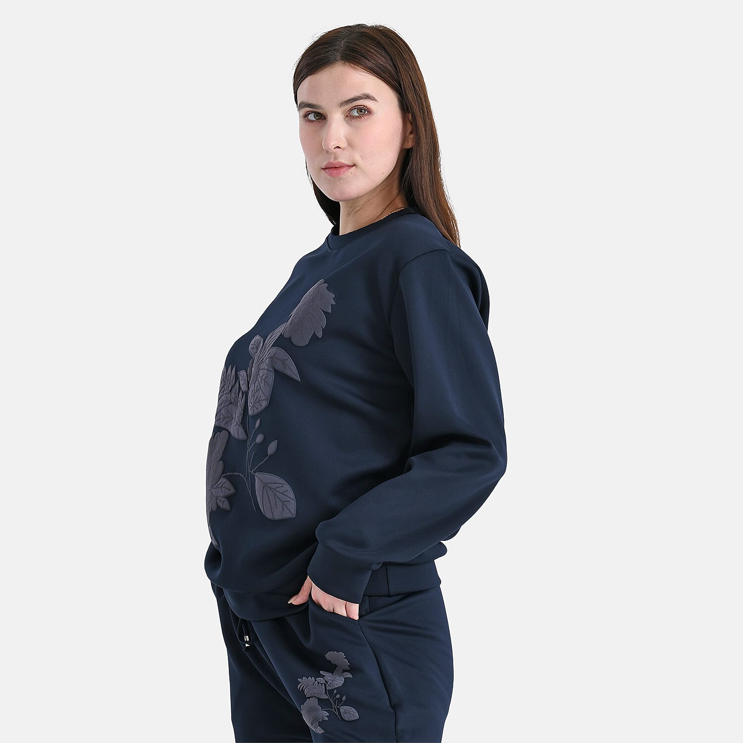 TAMSY Navy Floral Embossed Scuba Knit Pant and Long Sleeve Pullover Set – S/M