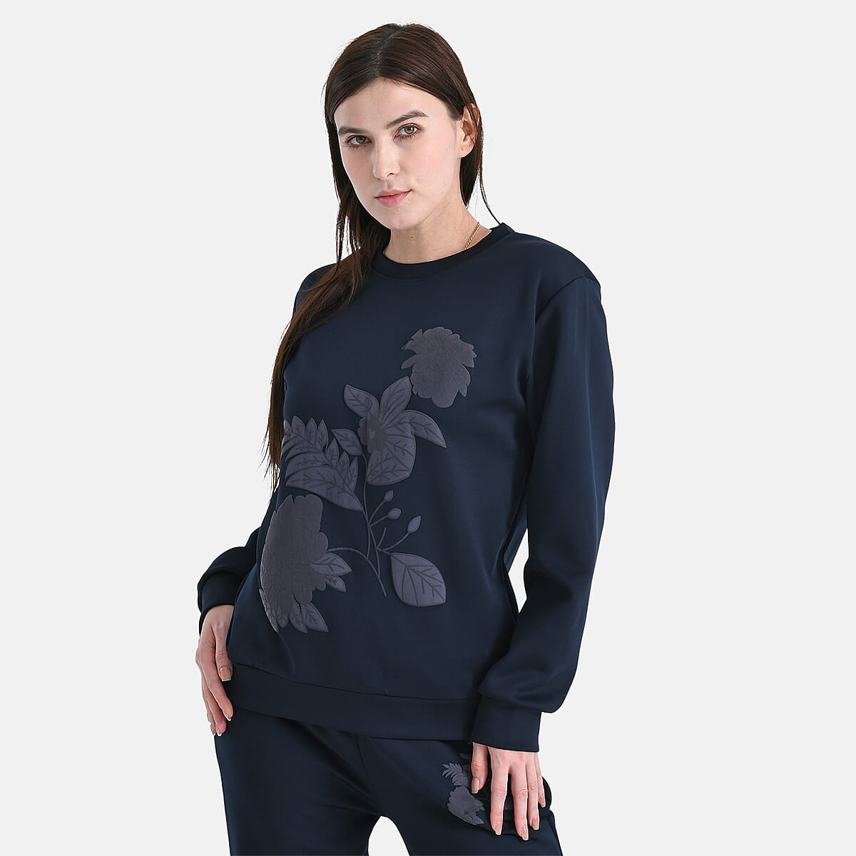 TAMSY Navy Floral Embossed Scuba Knit Pant and Long Sleeve Pullover Set – S/M image number 3