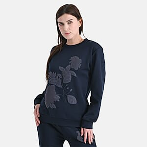 TAMSY Navy Floral Embossed Scuba Knit Pant and Long Sleeve Pullover Set &ndash; S/M