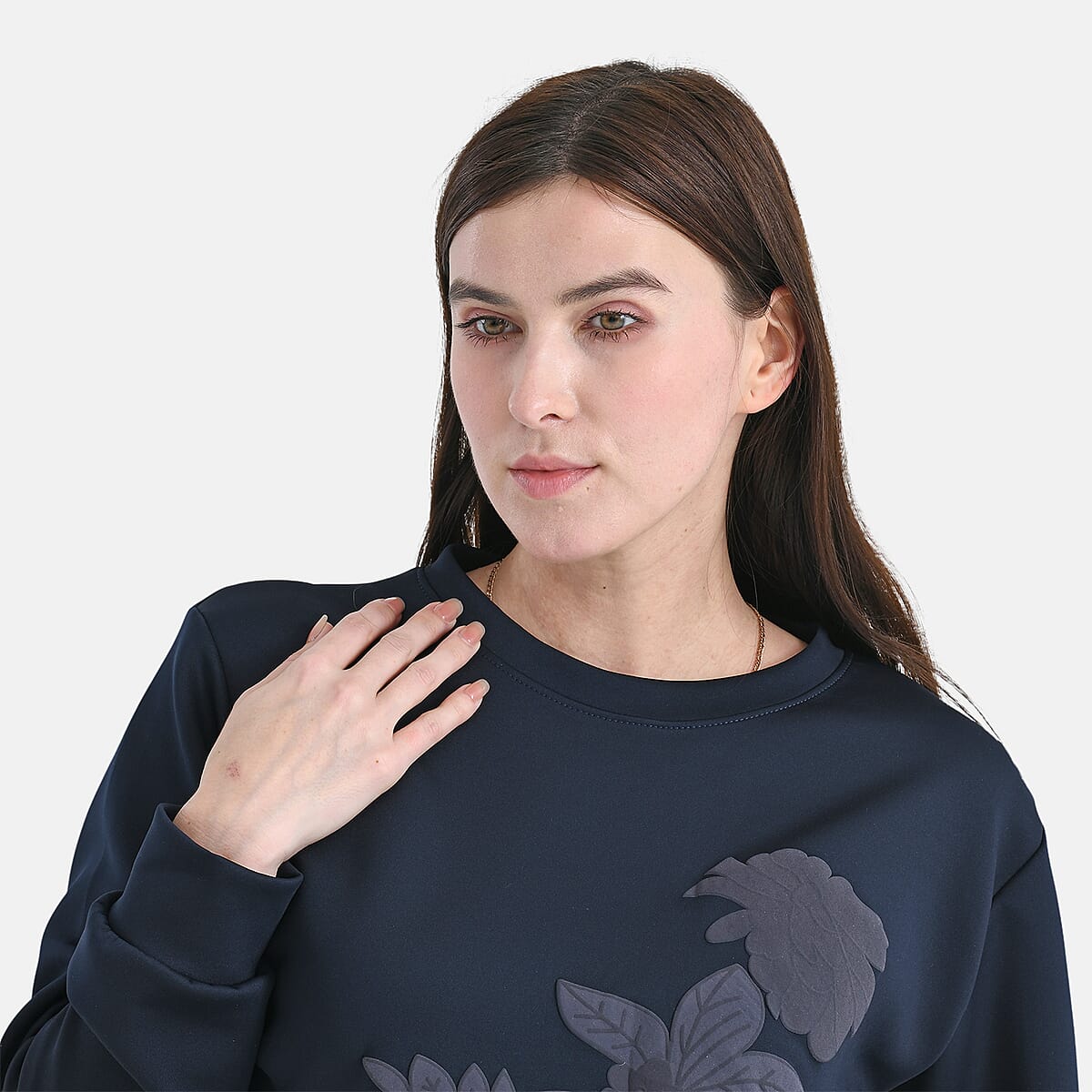 TAMSY Navy Floral Embossed Scuba Knit Pant and Long Sleeve Pullover Set – S/M image number 4