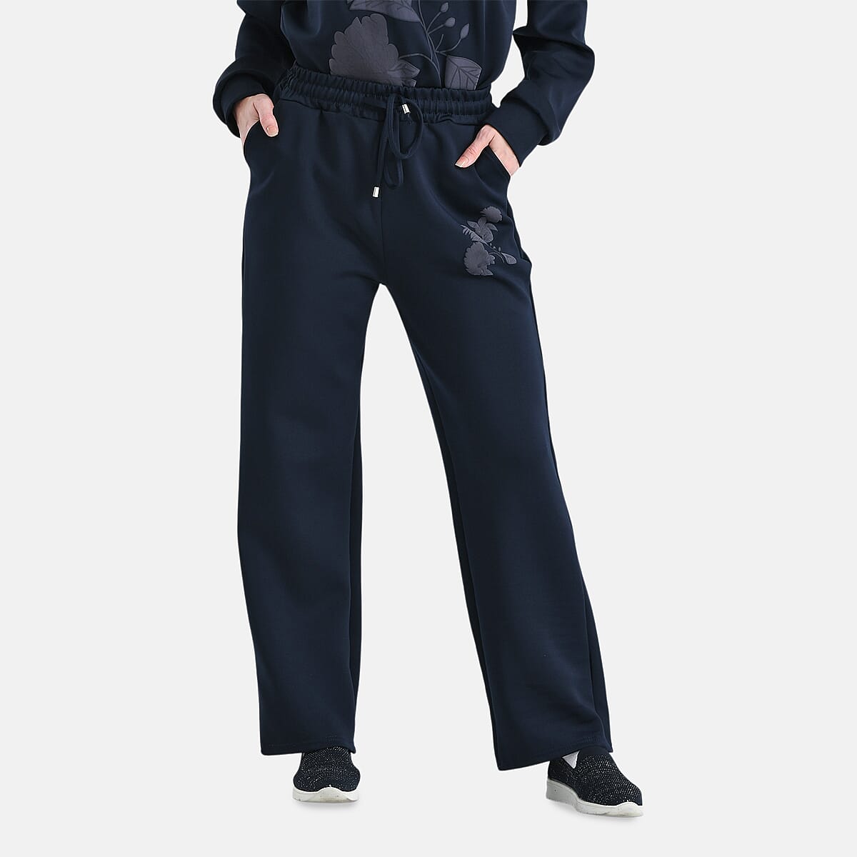 TAMSY Navy Floral Embossed Scuba Knit Pant and Long Sleeve Pullover Set – S/M image number 5