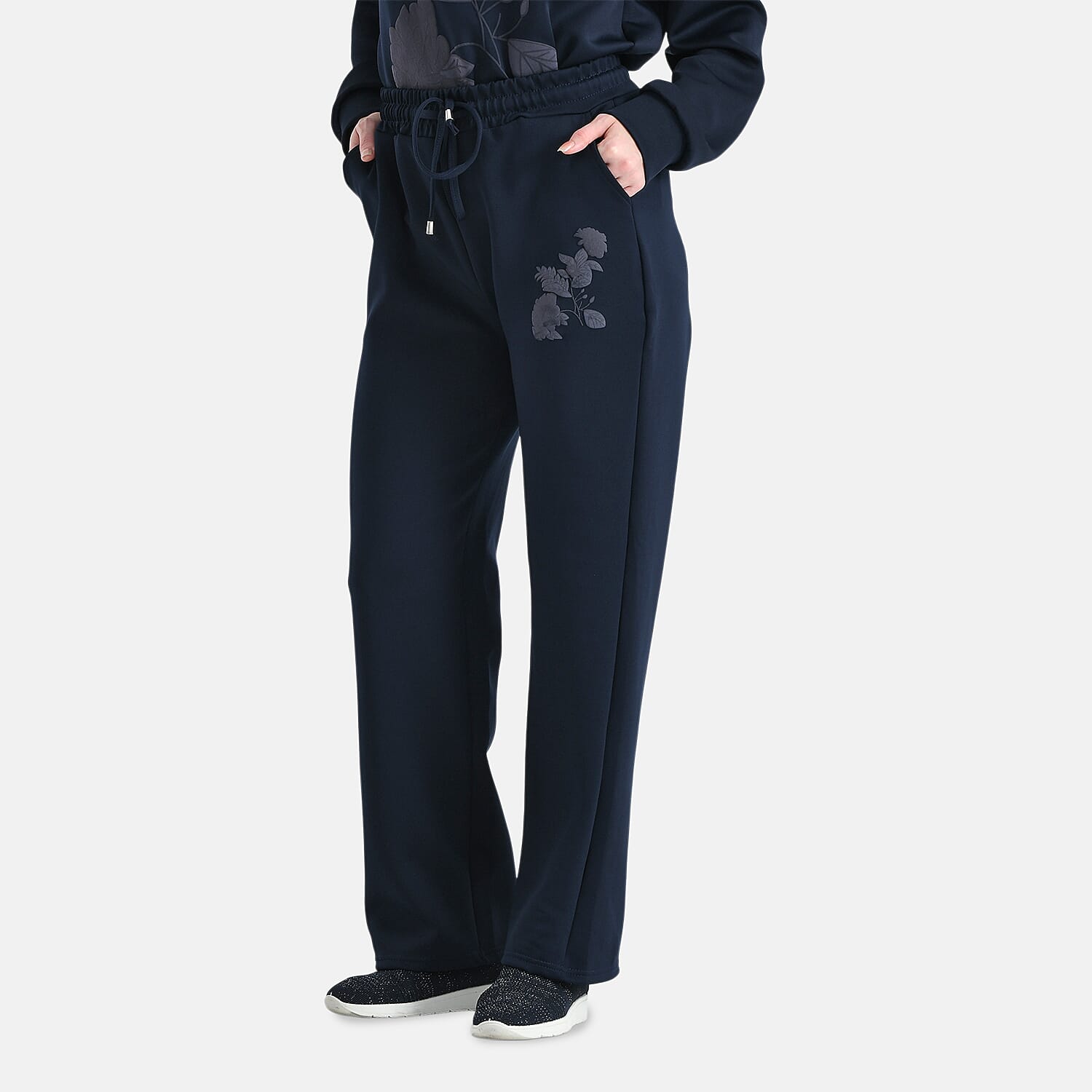 TAMSY Navy Floral Embossed Scuba Knit Pant and Long Sleeve Pullover Set – S/M