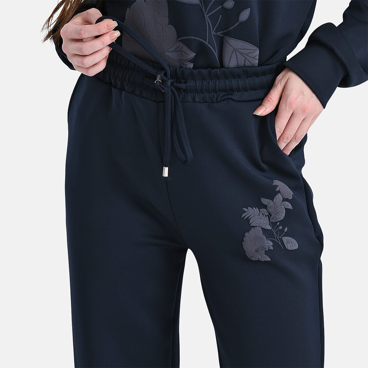 TAMSY Navy Floral Embossed Scuba Knit Pant and Long Sleeve Pullover Set – S/M image number 8