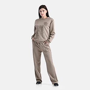 TAMSY Khaki Floral Embossed Scuba Knit Pant and Long Sleeve Pullover Set &ndash; S/M