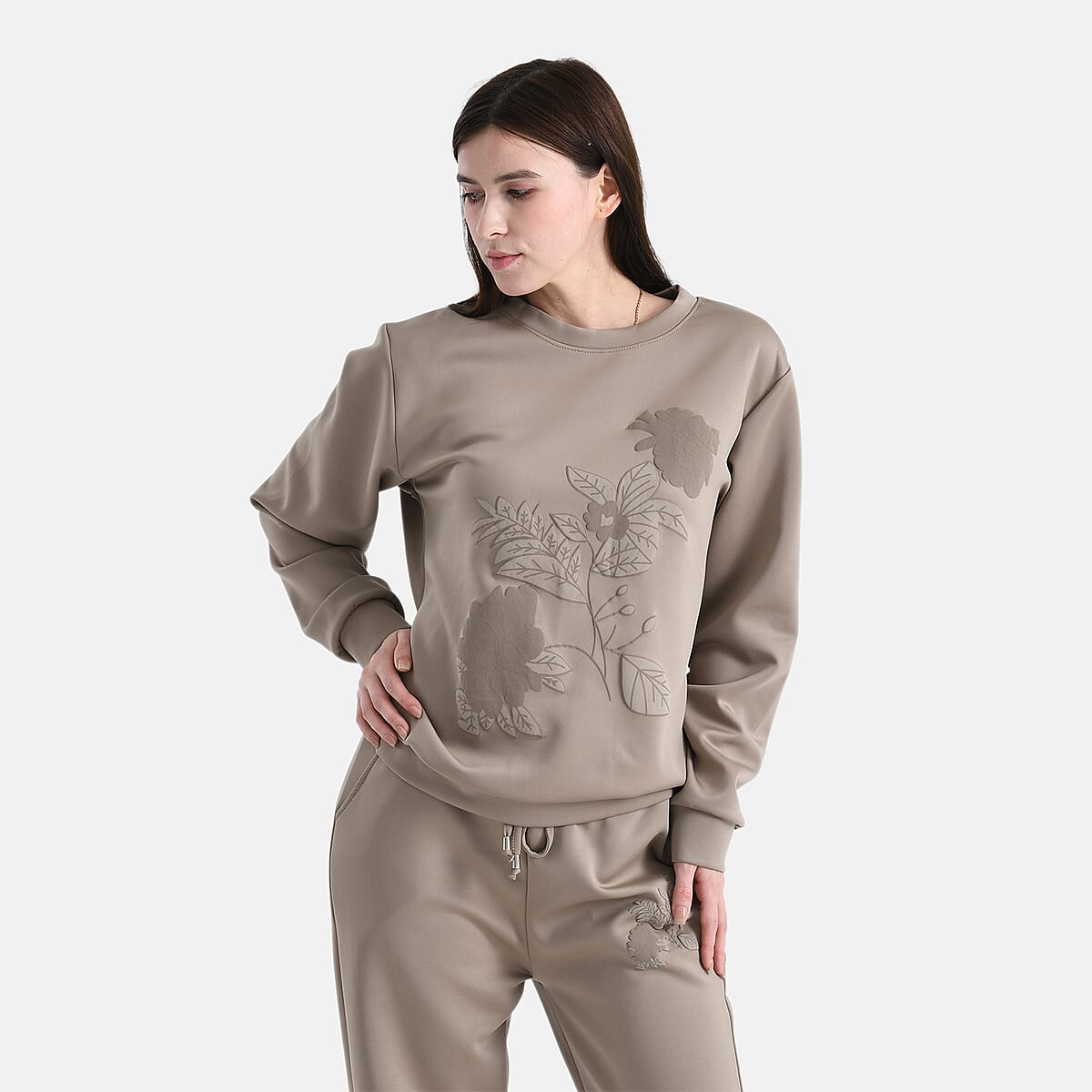 TAMSY Khaki Floral Embossed Scuba Knit Pant and Long Sleeve Pullover Set &ndash; S/M image number 2
