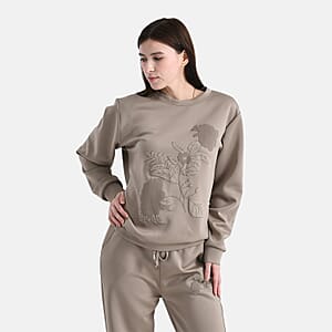 TAMSY Khaki Floral Embossed Scuba Knit Pant and Long Sleeve Pullover Set &ndash; S/M