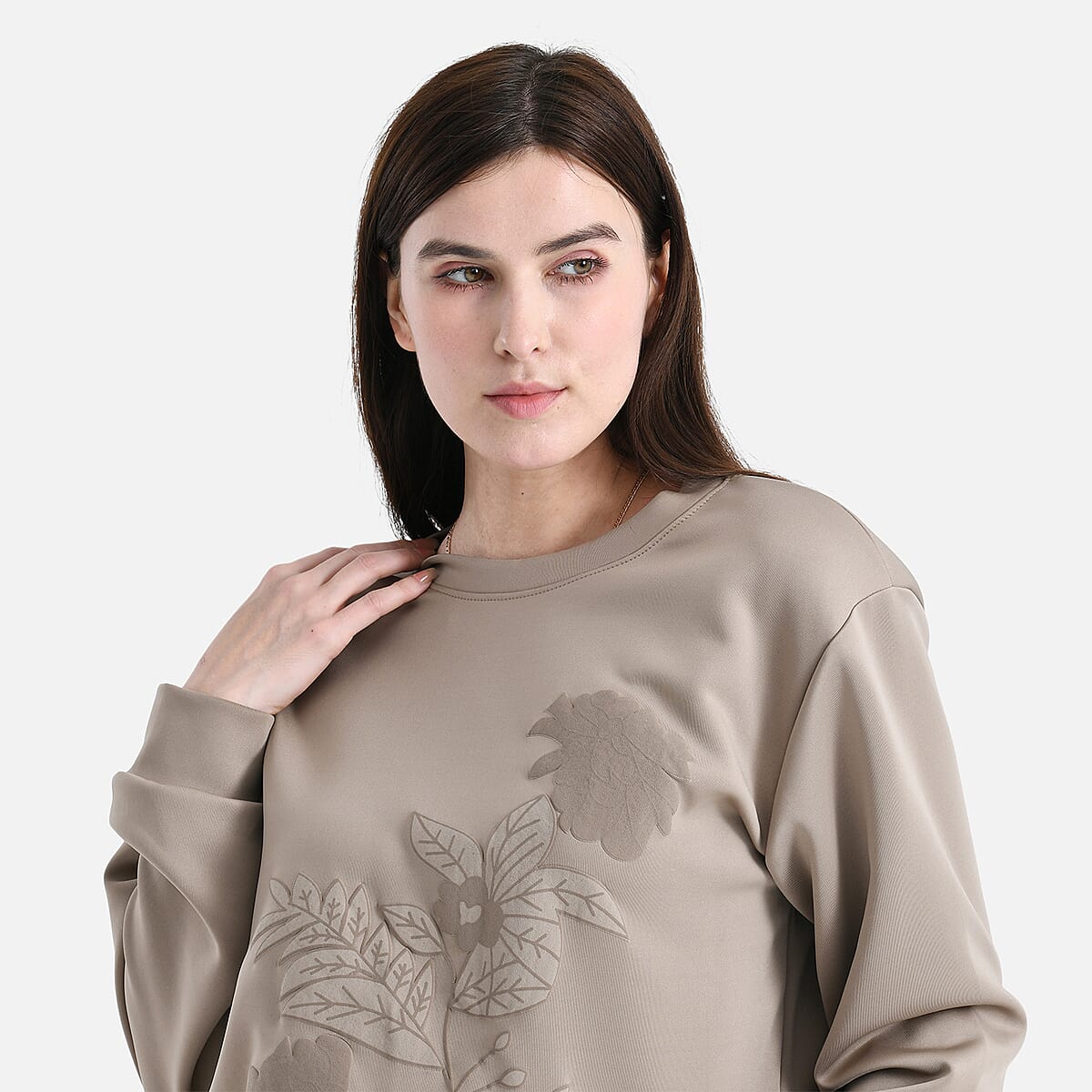 TAMSY Khaki Floral Embossed Scuba Knit Pant and Long Sleeve Pullover Set &ndash; S/M image number 4