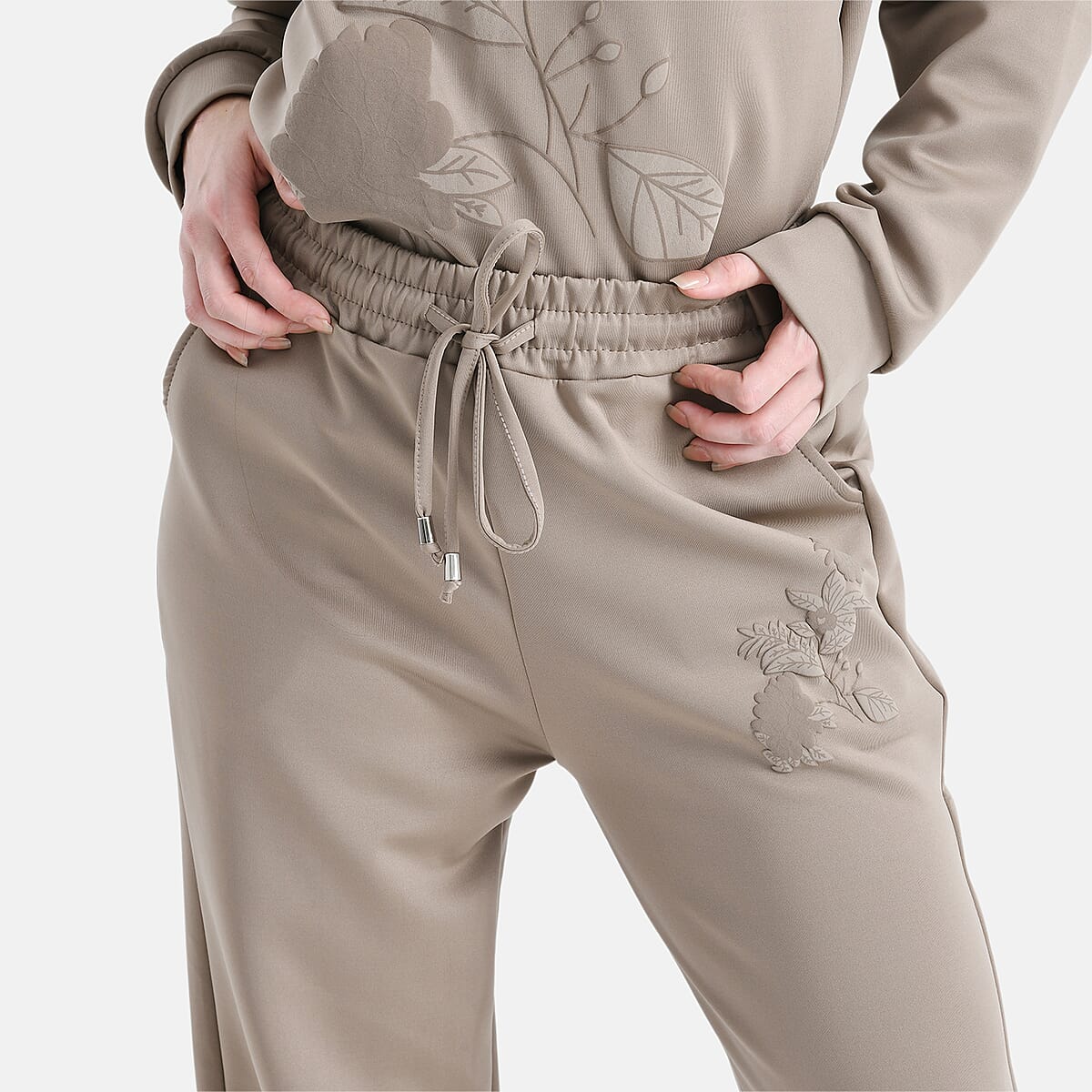 TAMSY Khaki Floral Embossed Scuba Knit Pant and Long Sleeve Pullover Set &ndash; S/M image number 8