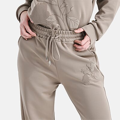 TAMSY Khaki Floral Embossed Scuba Knit Pant and Long Sleeve Pullover Set – S/M