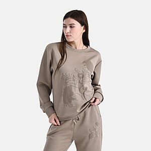 TAMSY Khaki Floral Embossed Scuba Knit Pant and Long Sleeve Pullover Set &ndash; L/XL