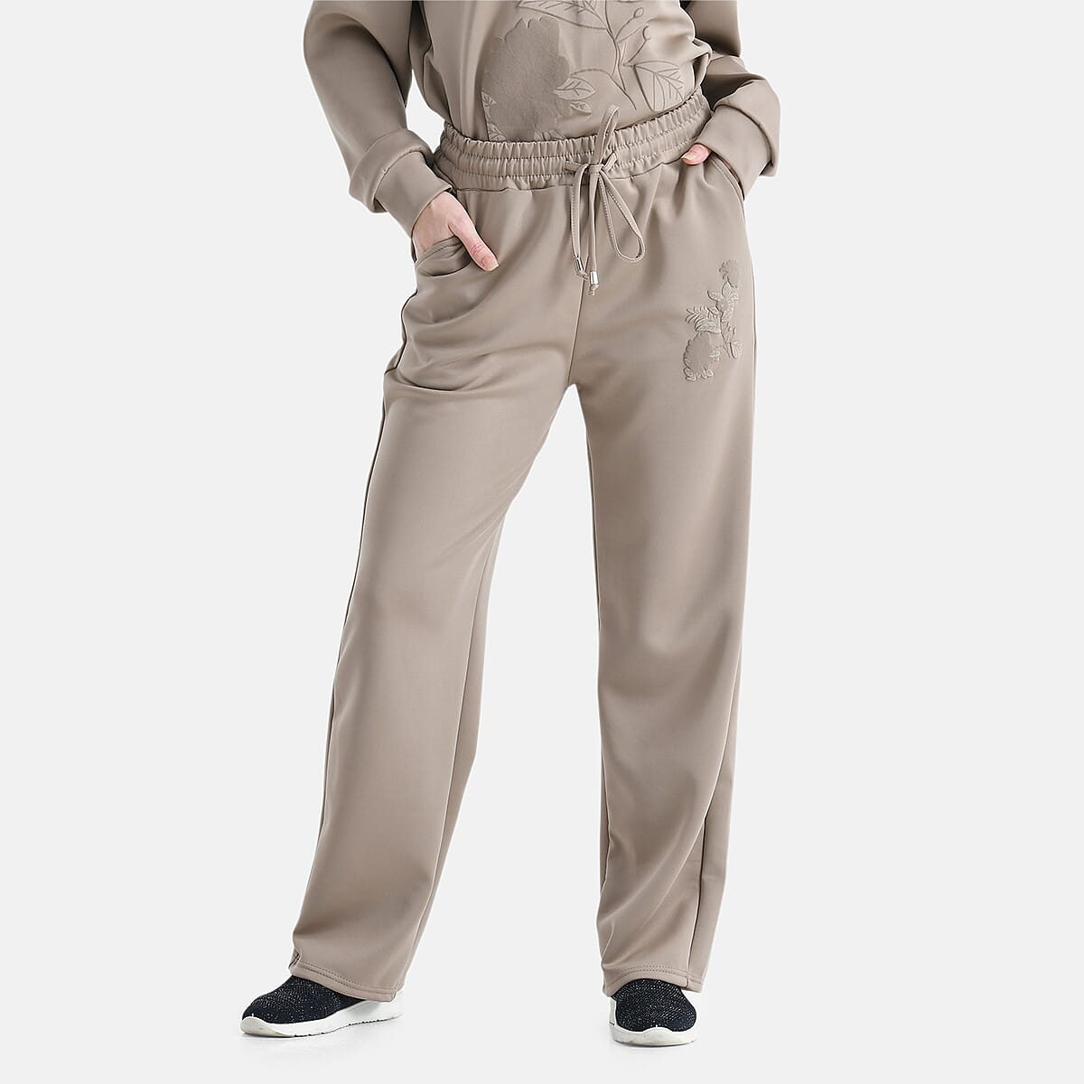 TAMSY Khaki Floral Embossed Scuba Knit Pant and Long Sleeve Pullover Set &ndash; L/XL image number 5