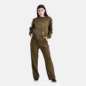 TAMSY Olive Floral Embossed Scuba Knit Pant and Long Sleeve Pullover Set &ndash; S/M