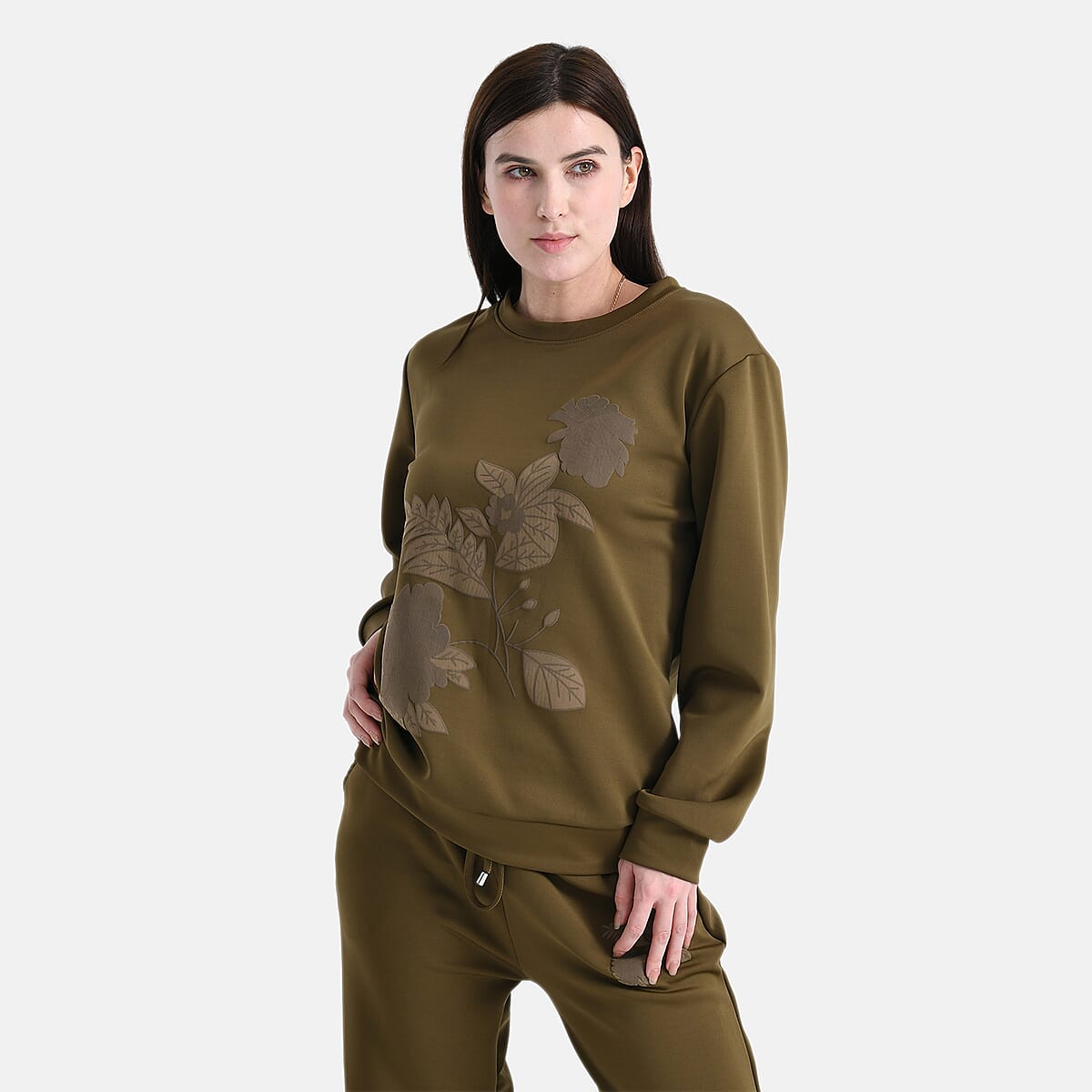 TAMSY Olive Floral Embossed Scuba Knit Pant and Long Sleeve Pullover Set &ndash; S/M image number 3