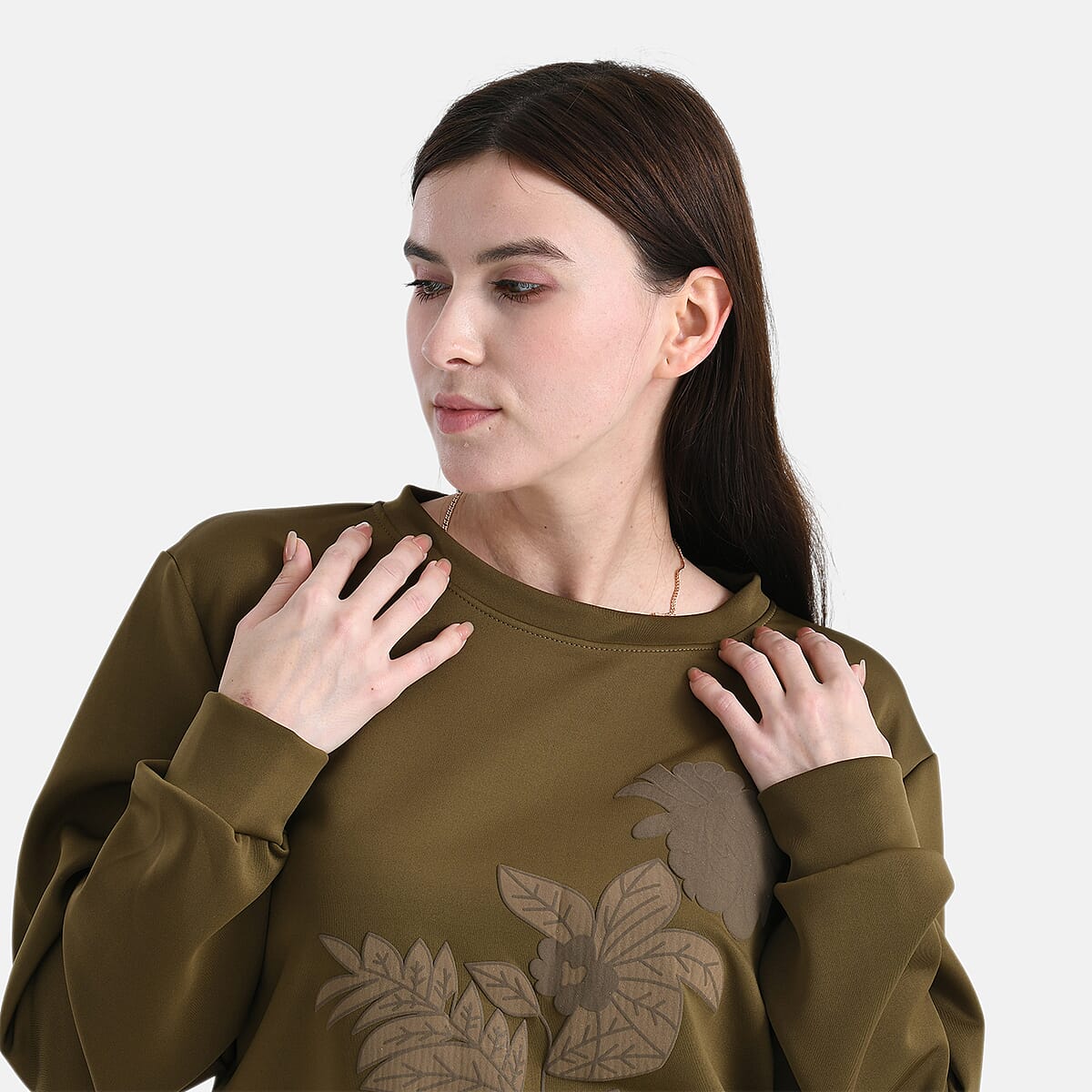 TAMSY Olive Floral Embossed Scuba Knit Pant and Long Sleeve Pullover Set &ndash; S/M image number 4
