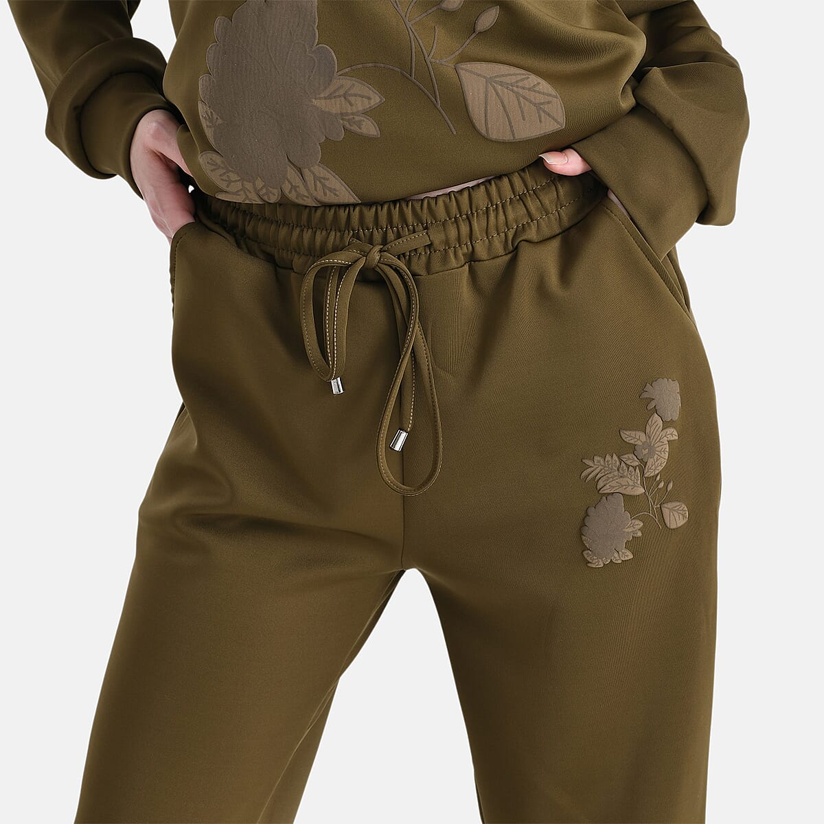 TAMSY Olive Floral Embossed Scuba Knit Pant and Long Sleeve Pullover Set &ndash; S/M image number 8